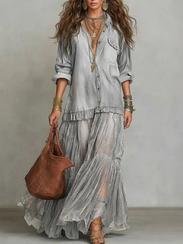 Sheer-Combo Button-Front Dress