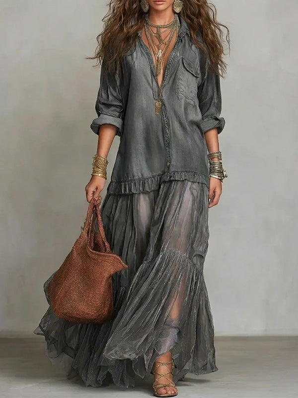 Sheer-Combo Button-Front Dress