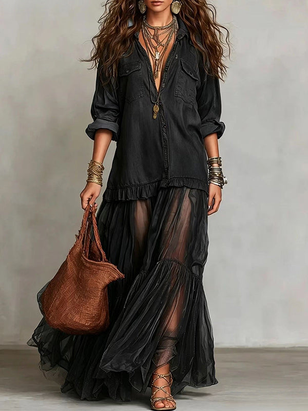 Sheer-Combo Button-Front Dress