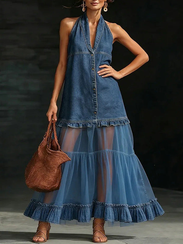 Sheer-Combo Button-Front Sleeveless Dress