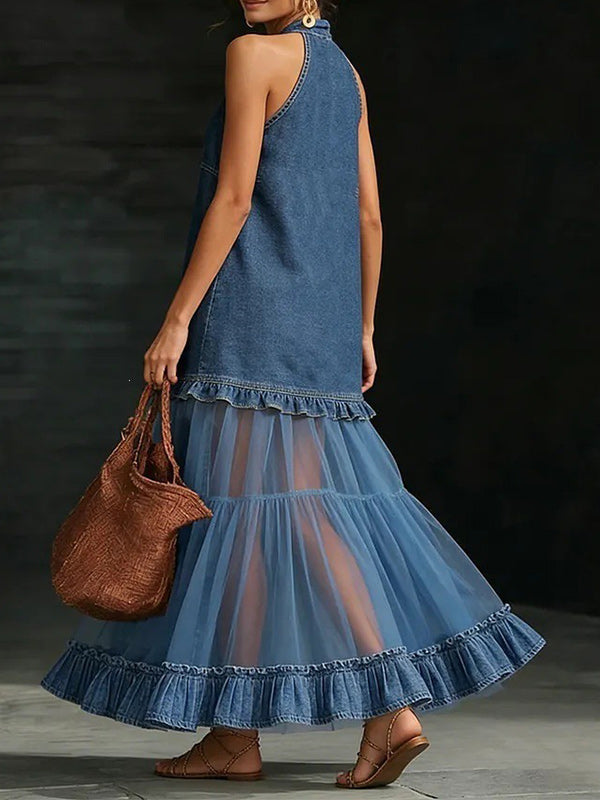 Sheer-Combo Button-Front Sleeveless Dress