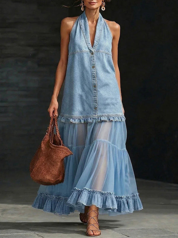 Sheer-Combo Button-Front Sleeveless Dress