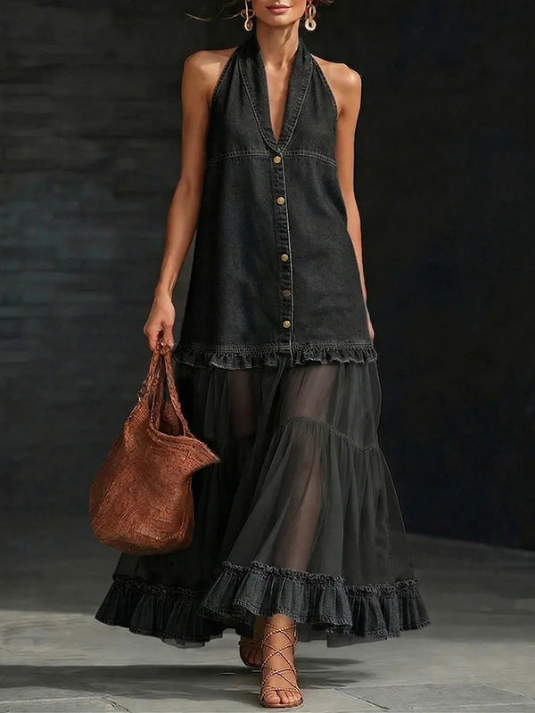Sheer-Combo Button-Front Sleeveless Dress