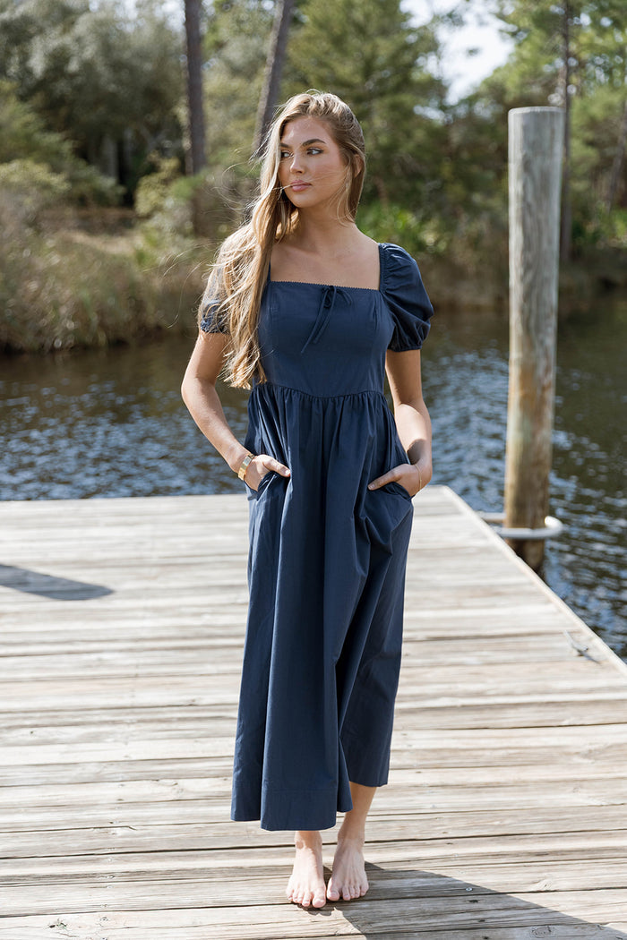 Sheila Puff Sleeve Midi Dress in Navy