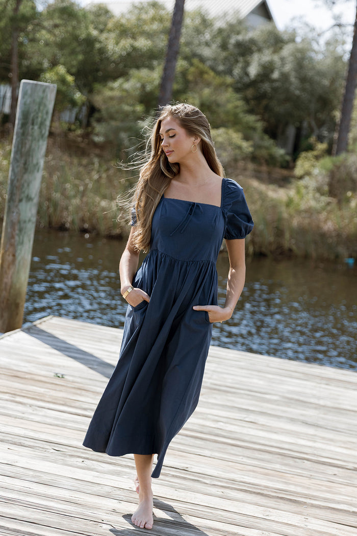Sheila Puff Sleeve Midi Dress in Navy