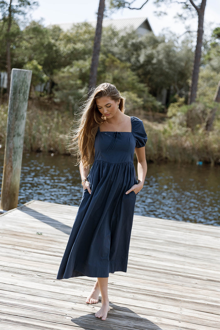 Sheila Puff Sleeve Midi Dress in Navy