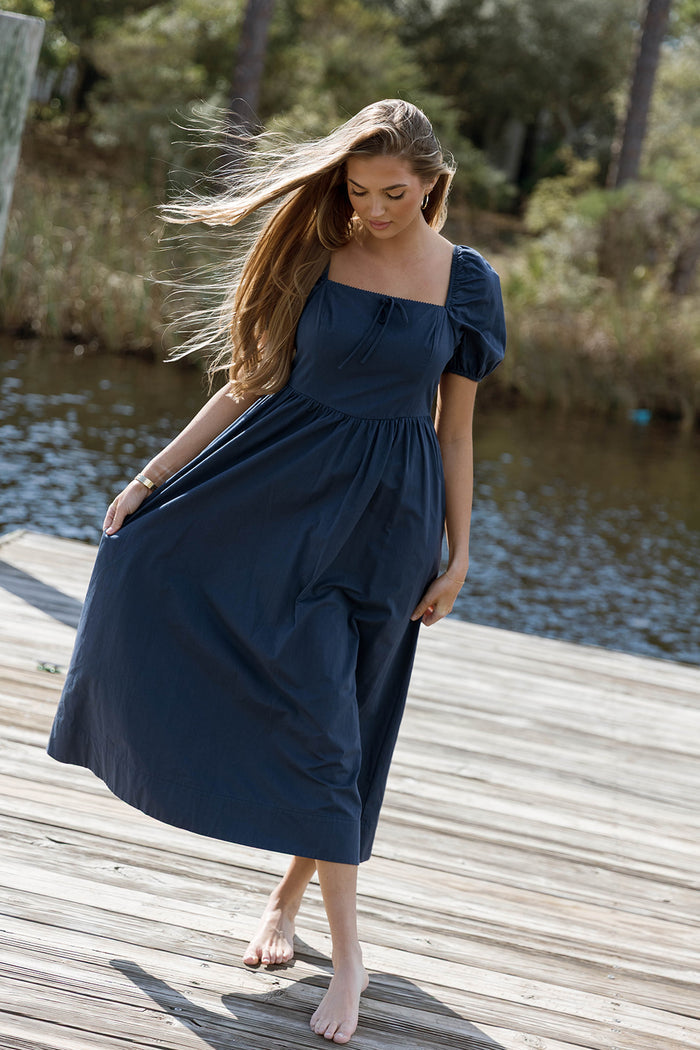 Sheila Puff Sleeve Midi Dress in Navy