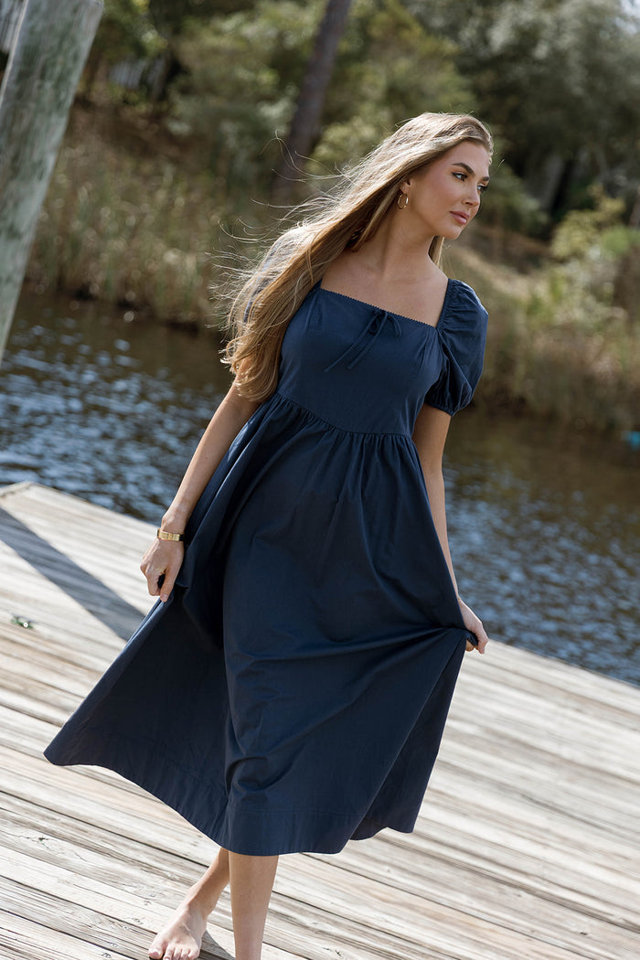 Sheila Puff Sleeve Midi Dress in Navy