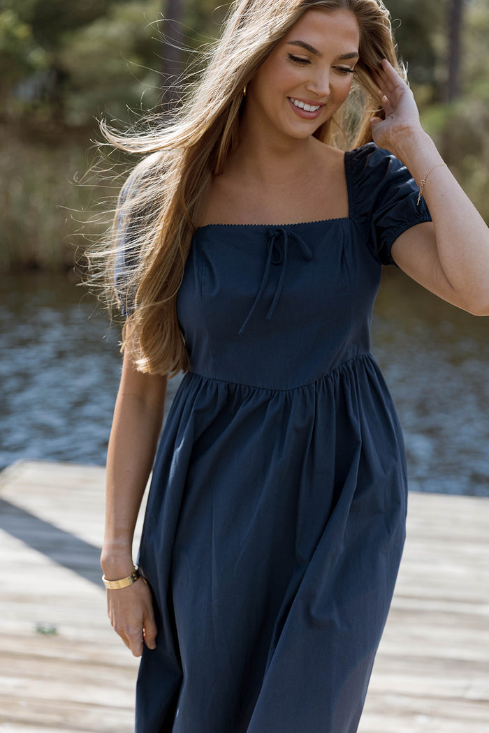 Sheila Puff Sleeve Midi Dress in Navy