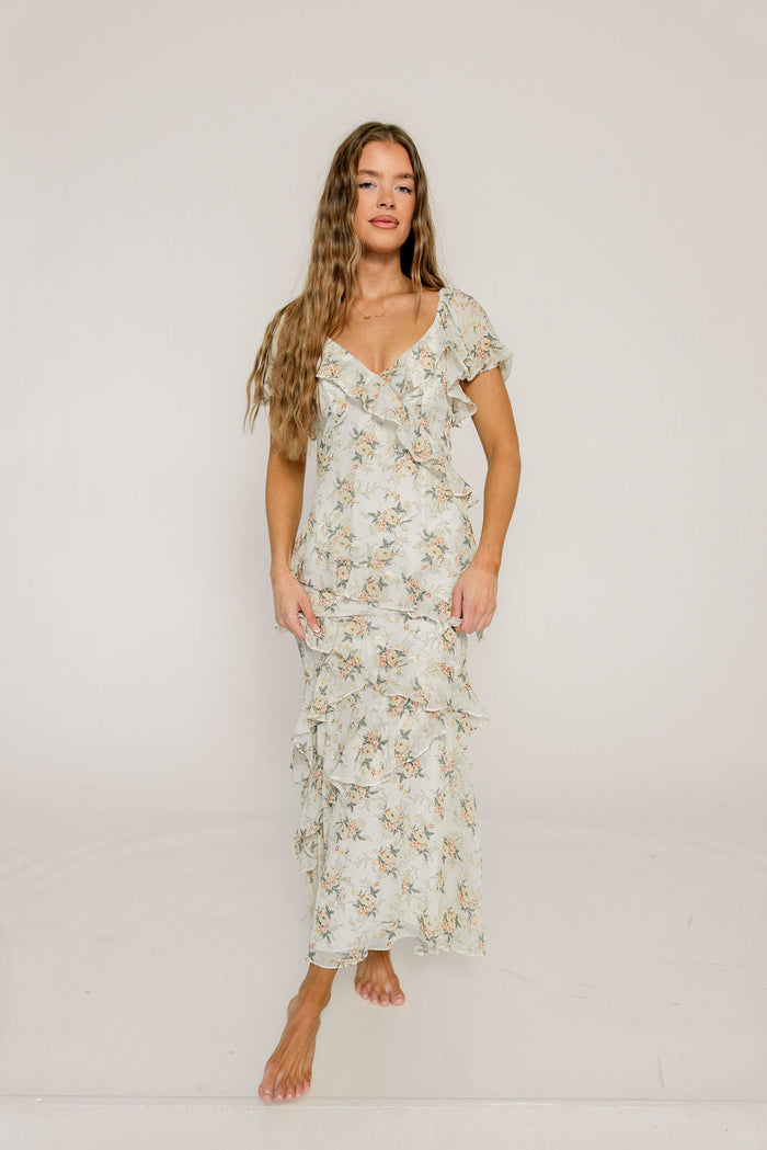 Shira Puff Sleeve Ruffle Maxi Dress in Ivory/Multi Floral