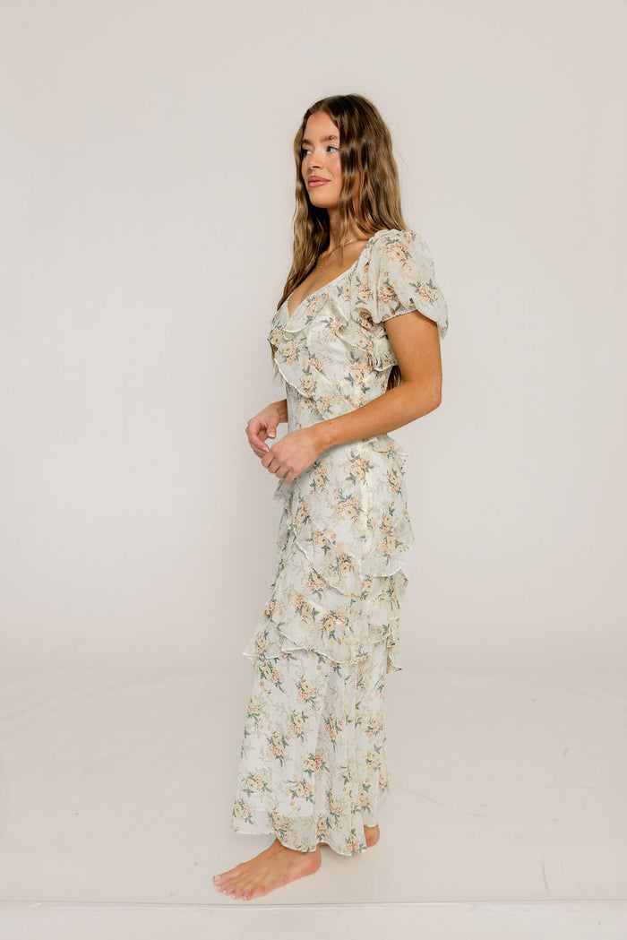 Shira Puff Sleeve Ruffle Maxi Dress in Ivory/Multi Floral