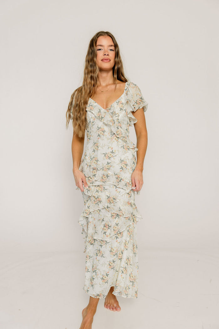 Shira Puff Sleeve Ruffle Maxi Dress in Ivory/Multi Floral