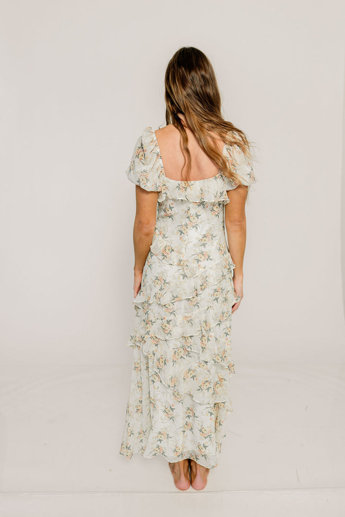 Shira Puff Sleeve Ruffle Maxi Dress in Ivory/Multi Floral