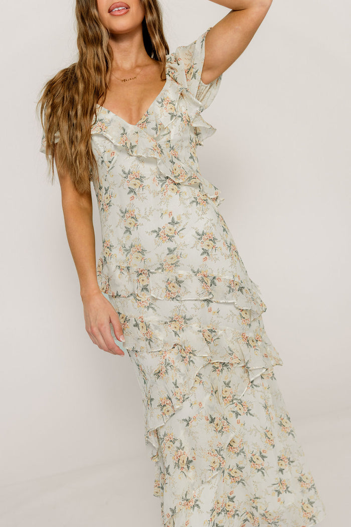 Shira Puff Sleeve Ruffle Maxi Dress in Ivory/Multi Floral