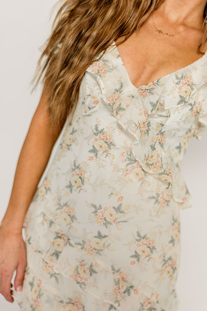 Shira Puff Sleeve Ruffle Maxi Dress in Ivory/Multi Floral