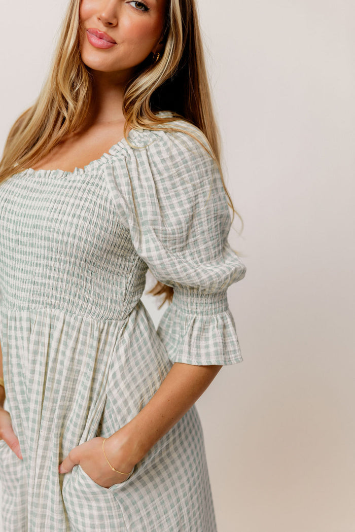 Sienna 100% Cotton Puff Sleeve Maxi Dress in Aqua Plaid (Lined) - Bump Friendly