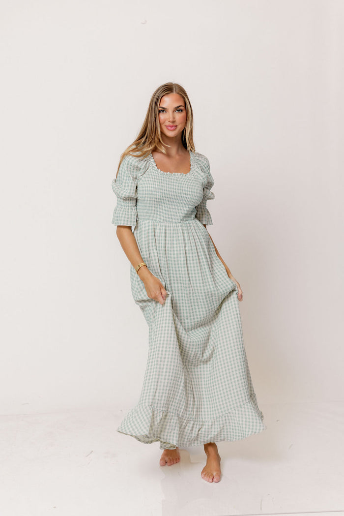 Sienna 100% Cotton Puff Sleeve Maxi Dress in Aqua Plaid (Lined) - Bump Friendly