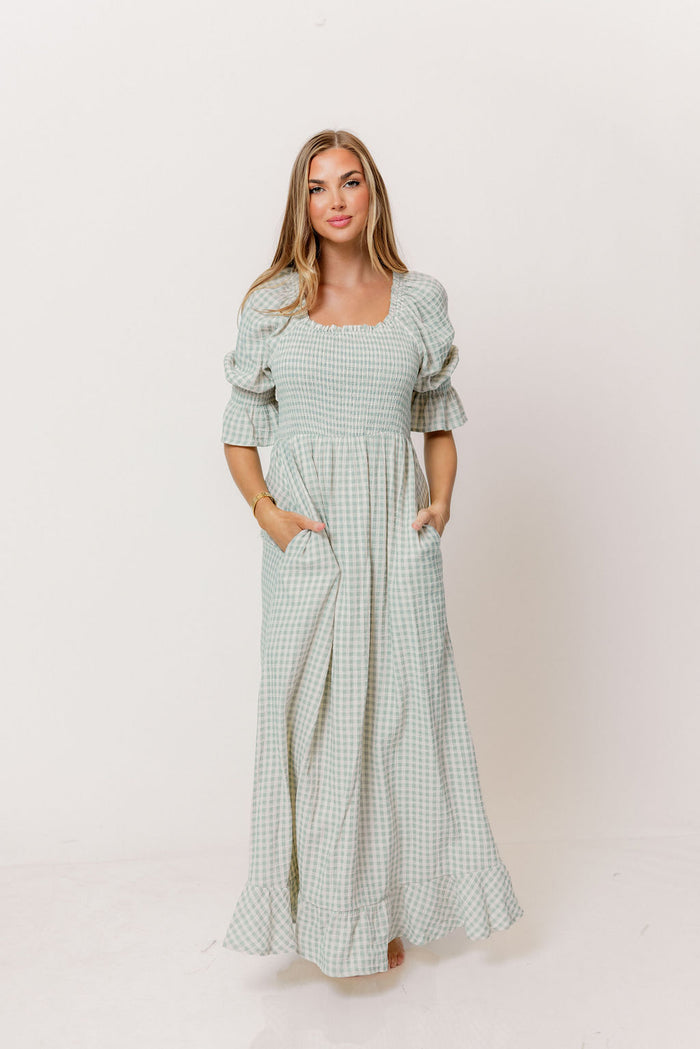 Sienna 100% Cotton Puff Sleeve Maxi Dress in Aqua Plaid (Lined) - Bump Friendly