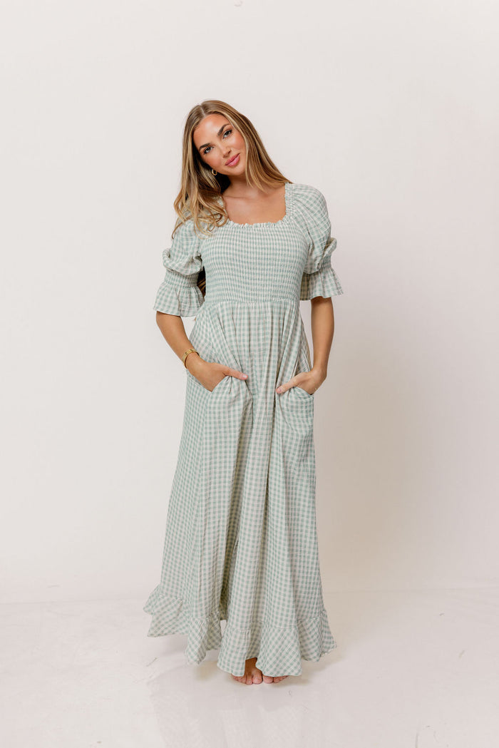 Sienna 100% Cotton Puff Sleeve Maxi Dress in Aqua Plaid (Lined) - Bump Friendly