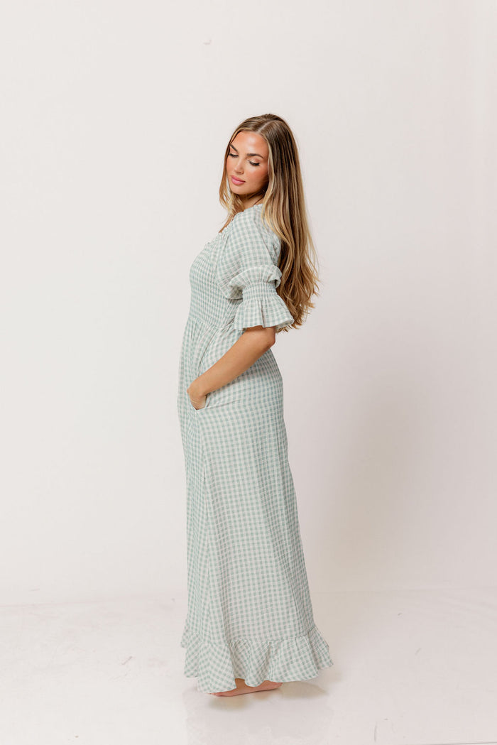 Sienna 100% Cotton Puff Sleeve Maxi Dress in Aqua Plaid (Lined) - Bump Friendly