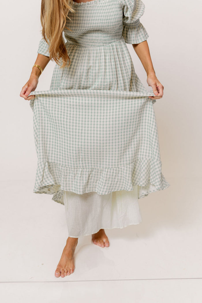 Sienna 100% Cotton Puff Sleeve Maxi Dress in Aqua Plaid (Lined) - Bump Friendly