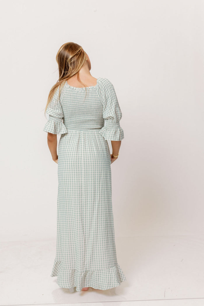 Sienna 100% Cotton Puff Sleeve Maxi Dress in Aqua Plaid (Lined) - Bump Friendly