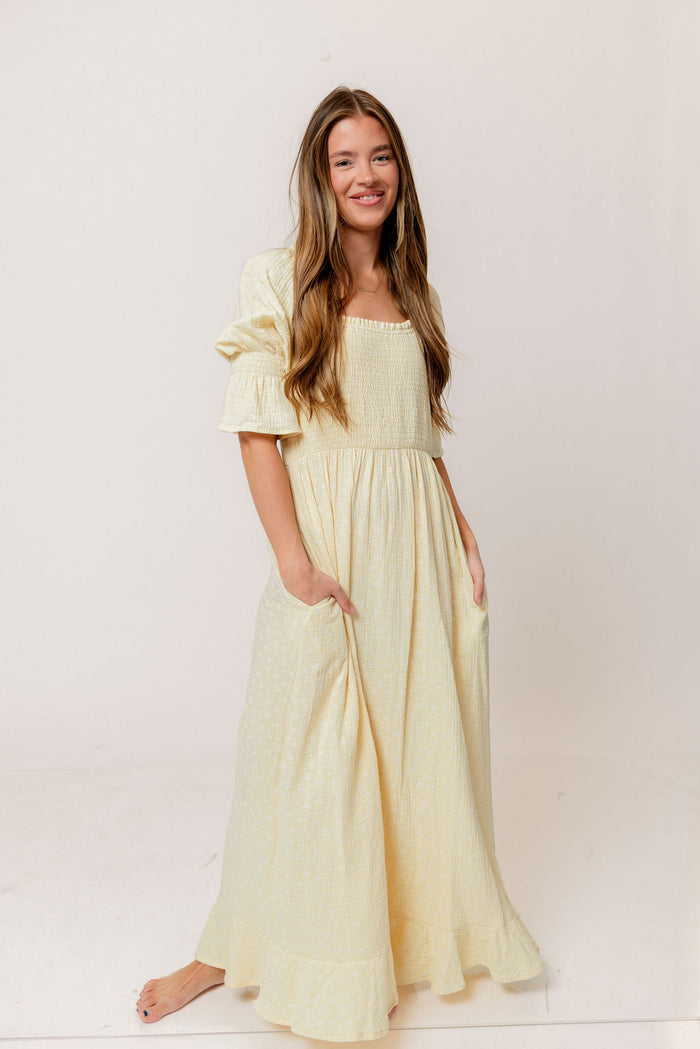 Sienna 100% Cotton Puff Sleeve Maxi Dress in Custard Foliage - Bump Friendly