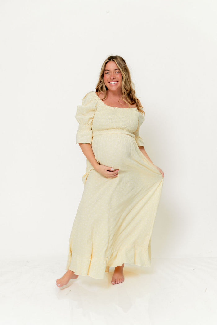 Sienna 100% Cotton Puff Sleeve Maxi Dress in Custard Foliage - Bump Friendly
