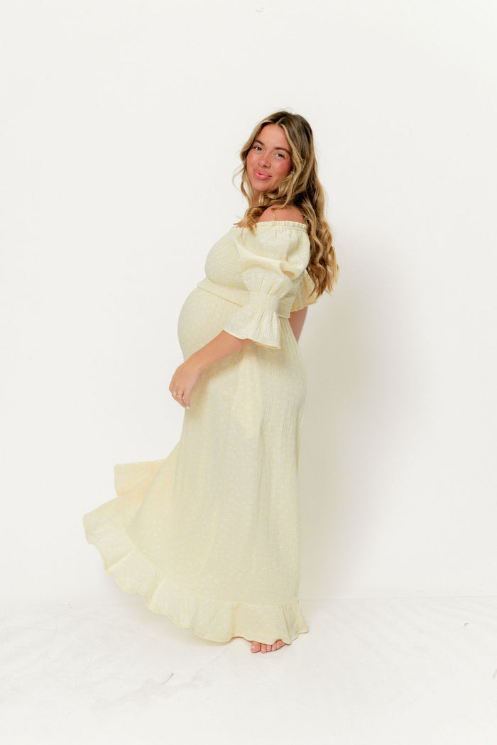 Sienna 100% Cotton Puff Sleeve Maxi Dress in Custard Foliage - Bump Friendly
