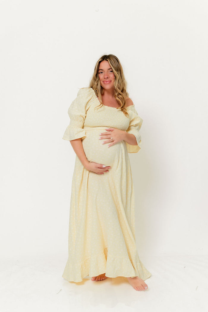 Sienna 100% Cotton Puff Sleeve Maxi Dress in Custard Foliage - Bump Friendly