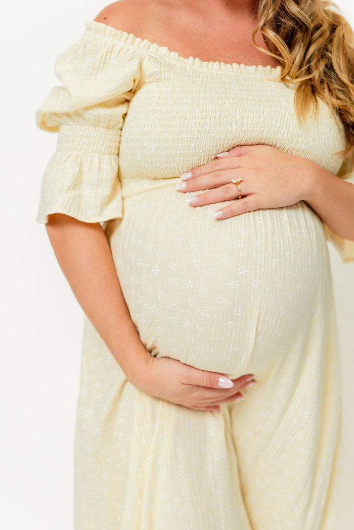 Sienna 100% Cotton Puff Sleeve Maxi Dress in Custard Foliage - Bump Friendly