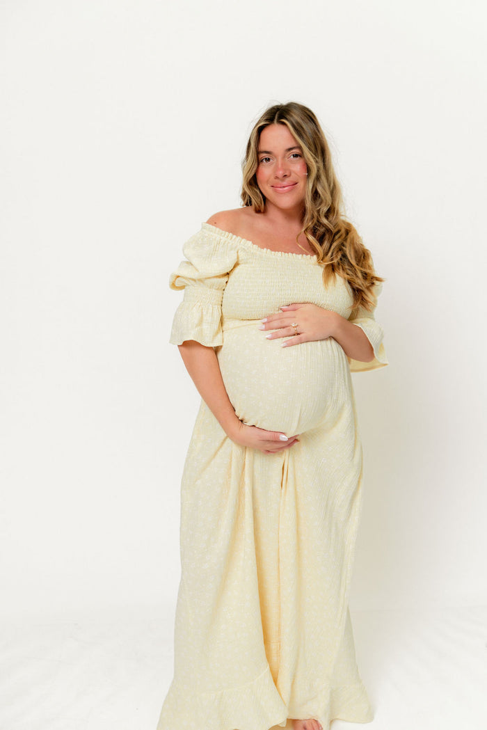 Sienna 100% Cotton Puff Sleeve Maxi Dress in Custard Foliage - Bump Friendly