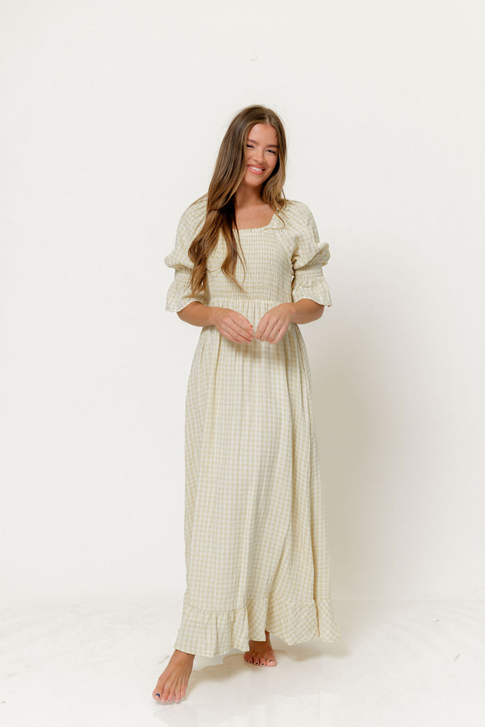 Sienna 100% Cotton Puff Sleeve Maxi Dress in Custard Plaid (Lined) - Bump Friendly
