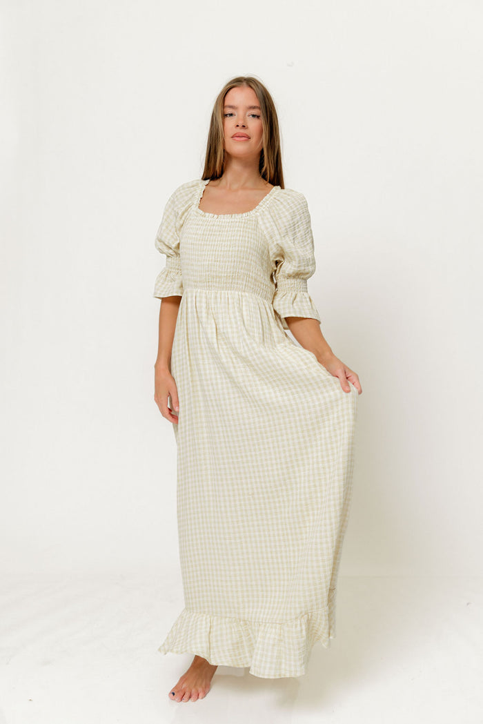 Sienna 100% Cotton Puff Sleeve Maxi Dress in Custard Plaid (Lined) - Bump Friendly