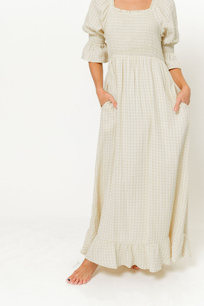 Sienna 100% Cotton Puff Sleeve Maxi Dress in Custard Plaid (Lined) - Bump Friendly