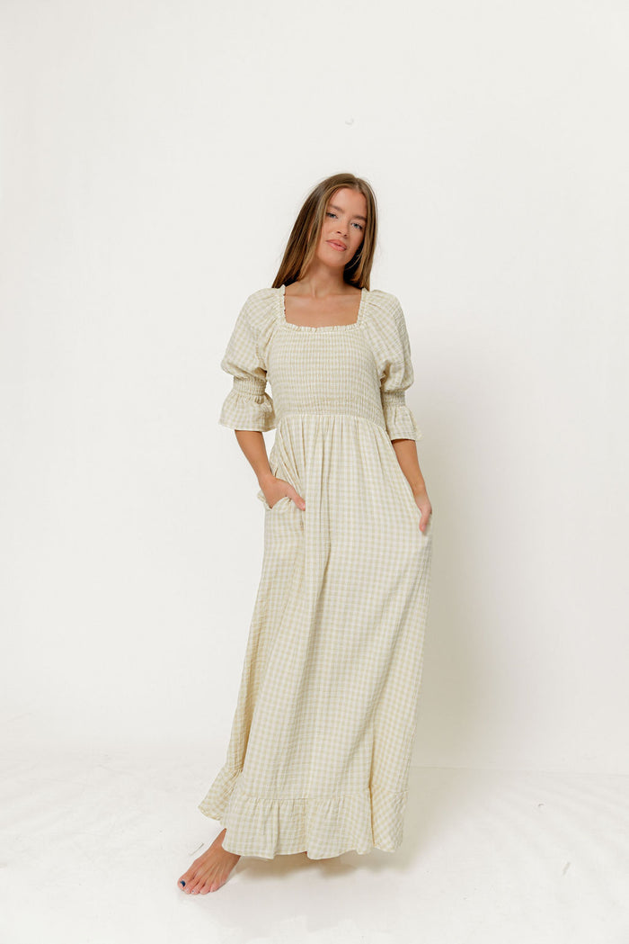 Sienna 100% Cotton Puff Sleeve Maxi Dress in Custard Plaid (Lined) - Bump Friendly