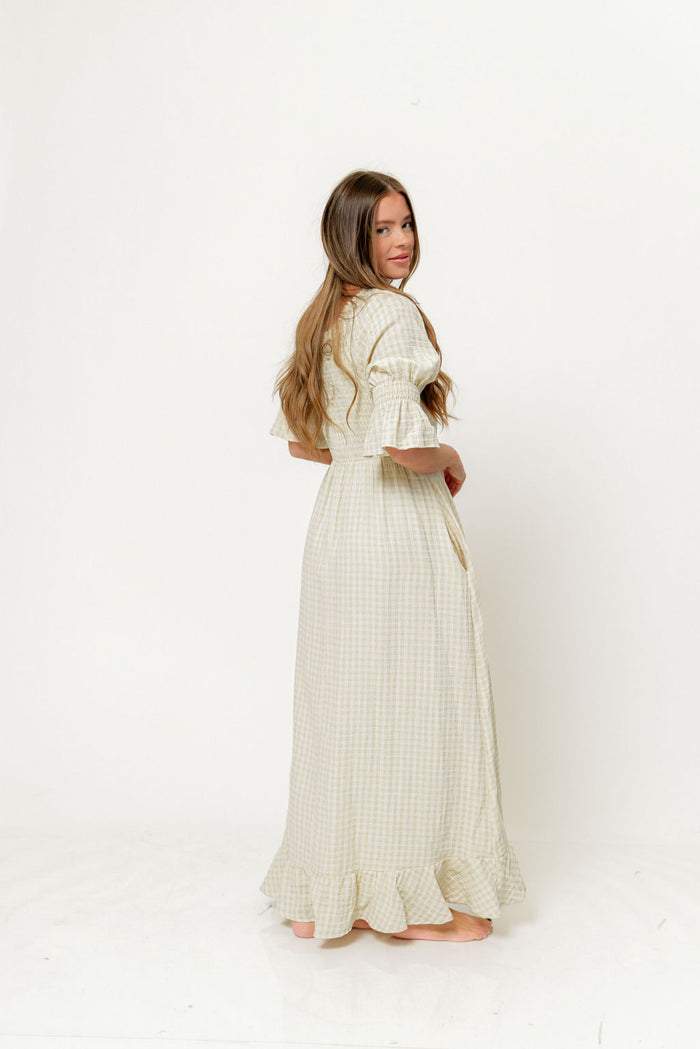 Sienna 100% Cotton Puff Sleeve Maxi Dress in Custard Plaid (Lined) - Bump Friendly