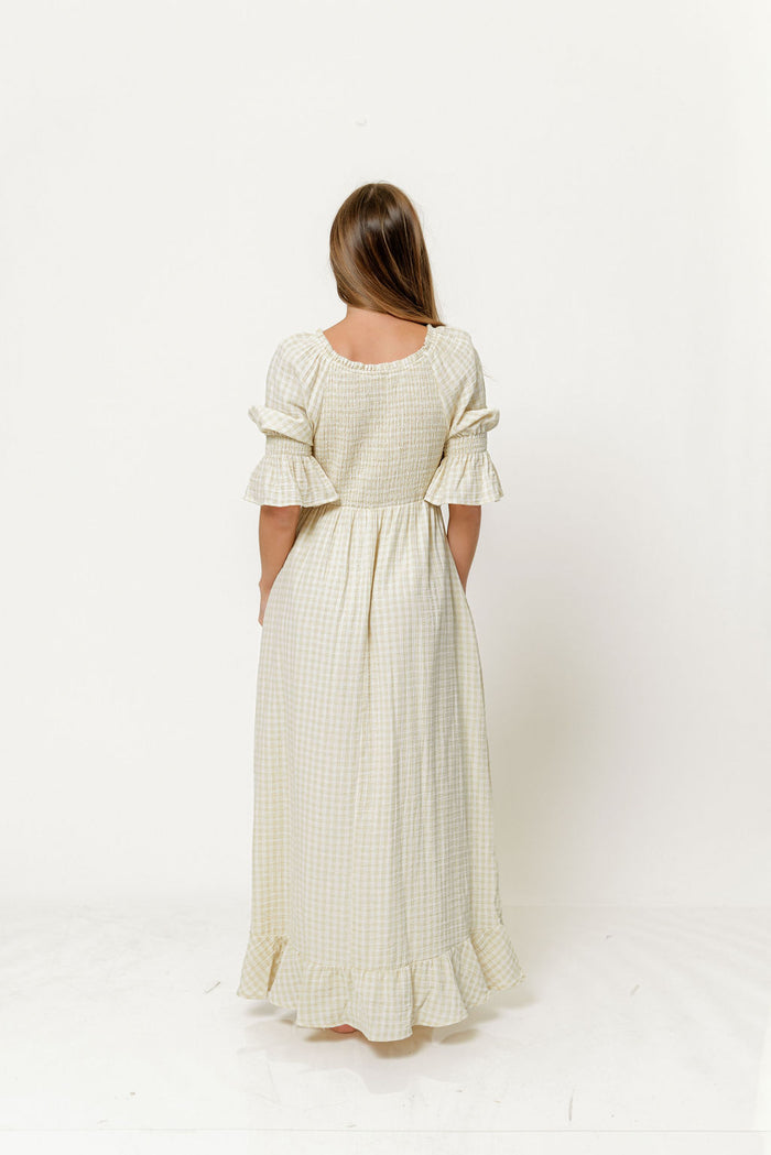 Sienna 100% Cotton Puff Sleeve Maxi Dress in Custard Plaid (Lined) - Bump Friendly