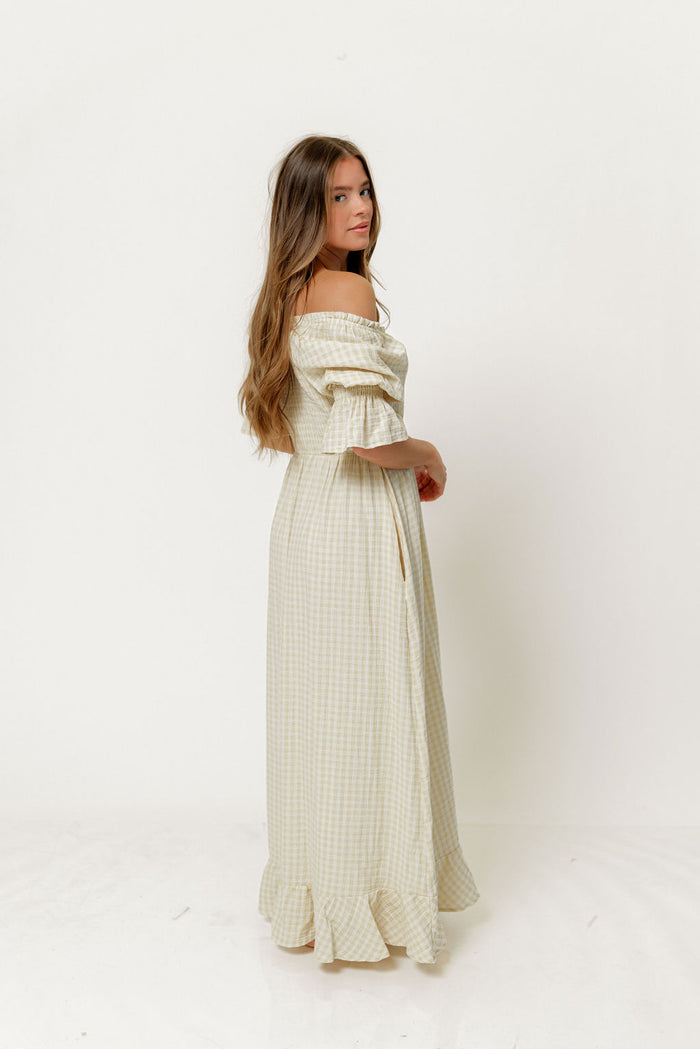 Sienna 100% Cotton Puff Sleeve Maxi Dress in Custard Plaid (Lined) - Bump Friendly