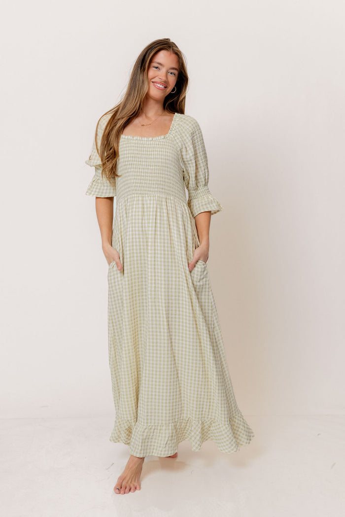 Sienna 100% Cotton Puff Sleeve Maxi Dress in Green Haze Plaid (Lined) - Bump Friendly