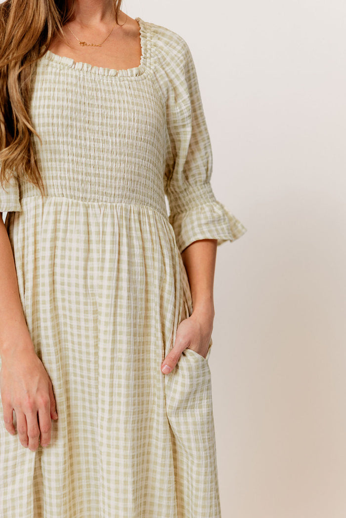 Sienna 100% Cotton Puff Sleeve Maxi Dress in Green Haze Plaid (Lined) - Bump Friendly