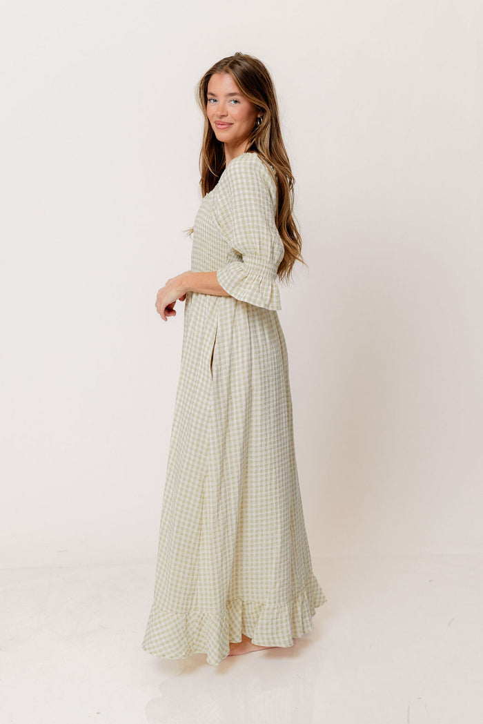 Sienna 100% Cotton Puff Sleeve Maxi Dress in Green Haze Plaid (Lined) - Bump Friendly