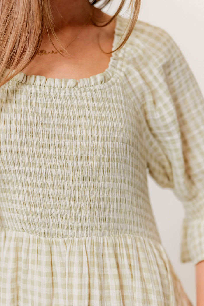 Sienna 100% Cotton Puff Sleeve Maxi Dress in Green Haze Plaid (Lined) - Bump Friendly