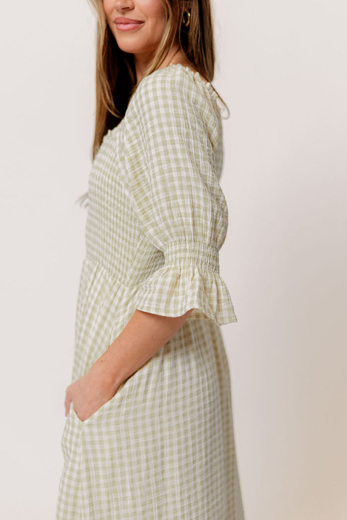 Sienna 100% Cotton Puff Sleeve Maxi Dress in Green Haze Plaid (Lined) - Bump Friendly