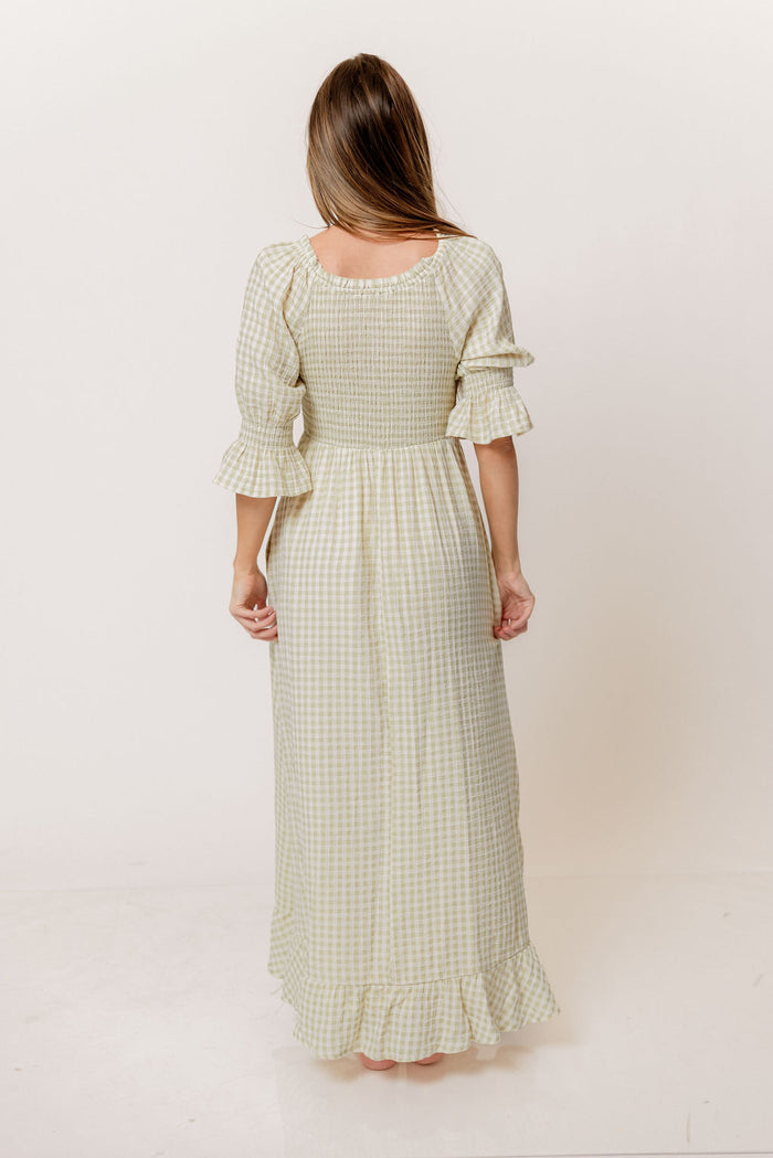 Sienna 100% Cotton Puff Sleeve Maxi Dress in Green Haze Plaid (Lined) - Bump Friendly