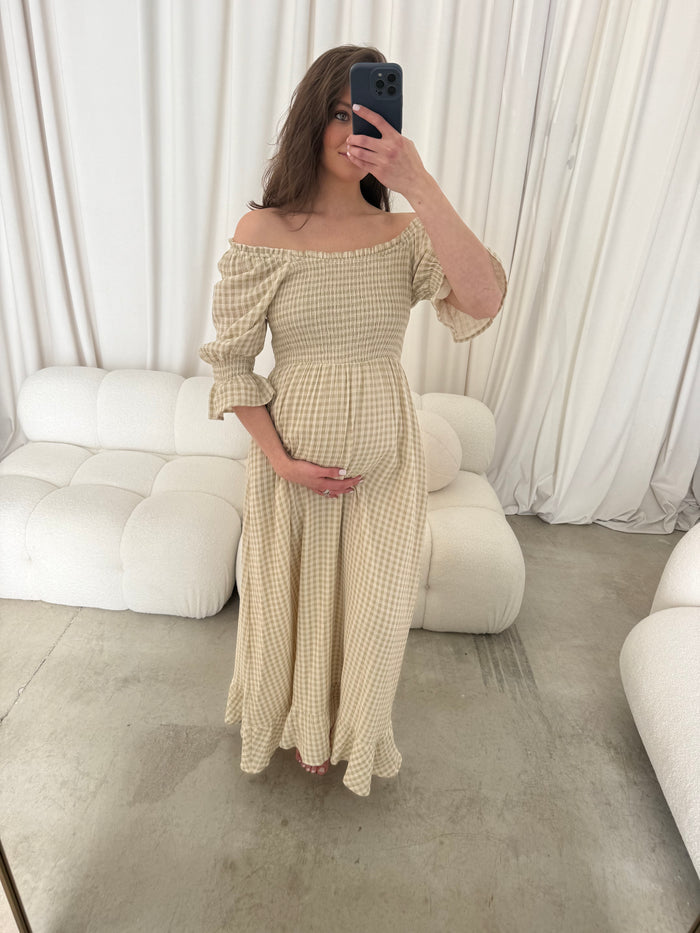 Sienna 100% Cotton Puff Sleeve Maxi Dress in Green Haze Plaid (Lined) - Bump Friendly