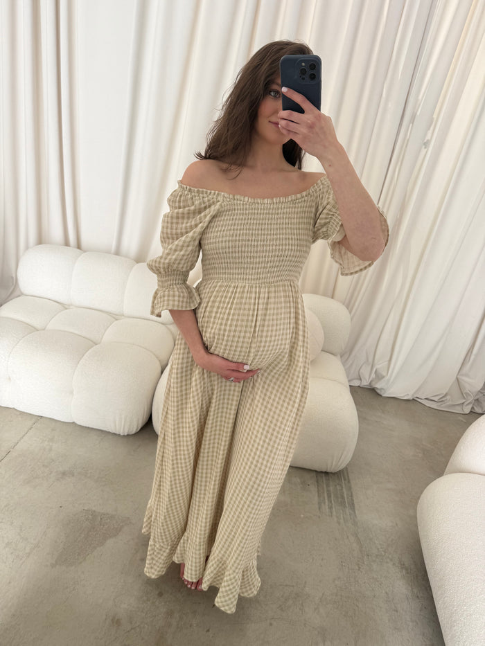 Sienna 100% Cotton Puff Sleeve Maxi Dress in Green Haze Plaid (Lined) - Bump Friendly