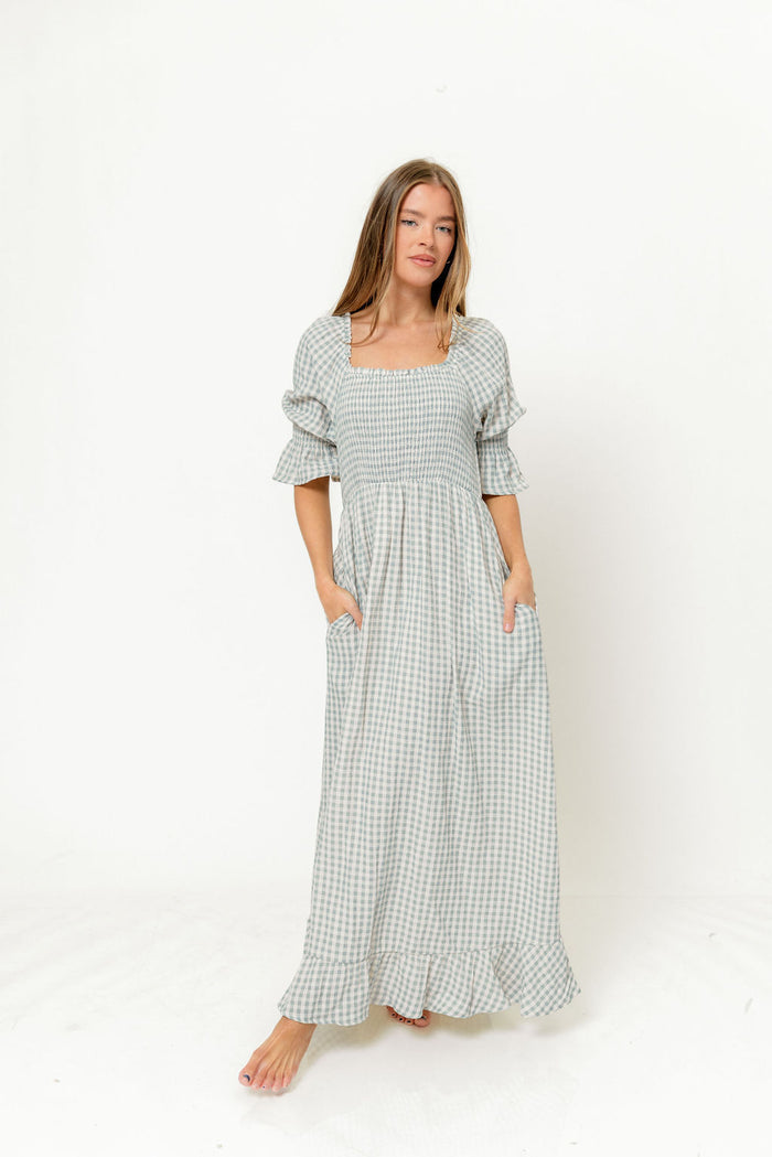 Sienna 100% Cotton Puff Sleeve Maxi Dress in Light Indigo Plaid (Lined) - Bump Friendly
