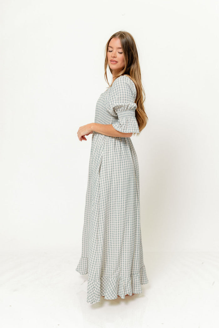 Sienna 100% Cotton Puff Sleeve Maxi Dress in Light Indigo Plaid (Lined) - Bump Friendly
