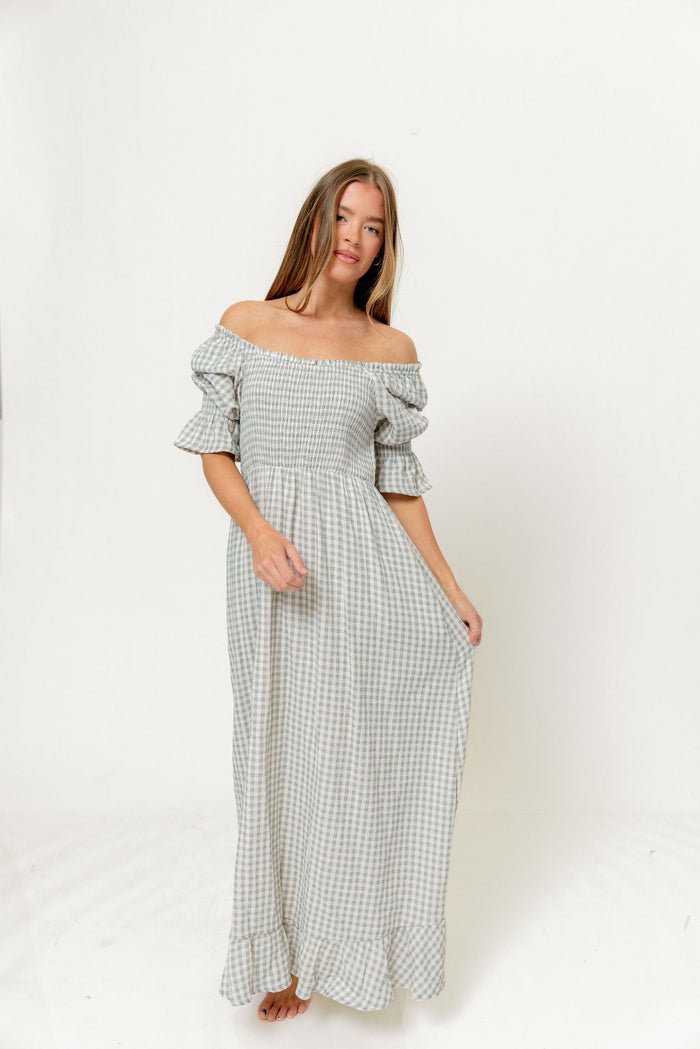 Sienna 100% Cotton Puff Sleeve Maxi Dress in Light Indigo Plaid (Lined) - Bump Friendly